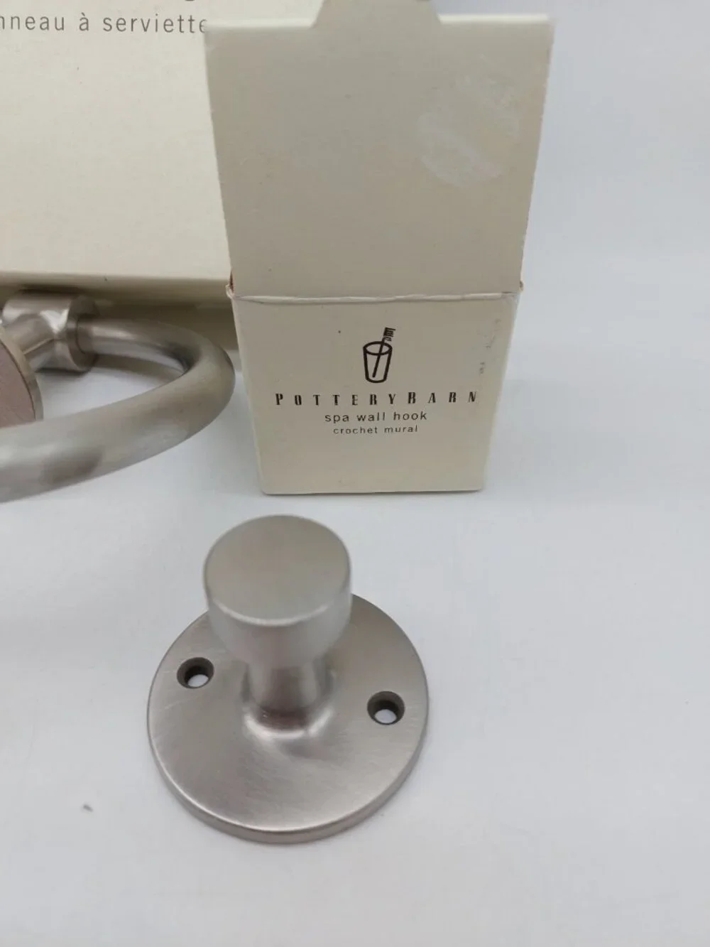 Pottery Barn Chrome Bath Round Towel ring Holder Set Of 2 And 1 Wall Hook READ